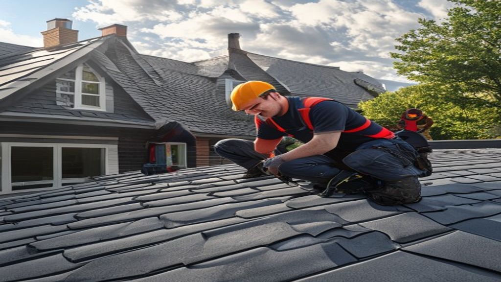 Professional roofers installing or repairing a flat roof on a UK property