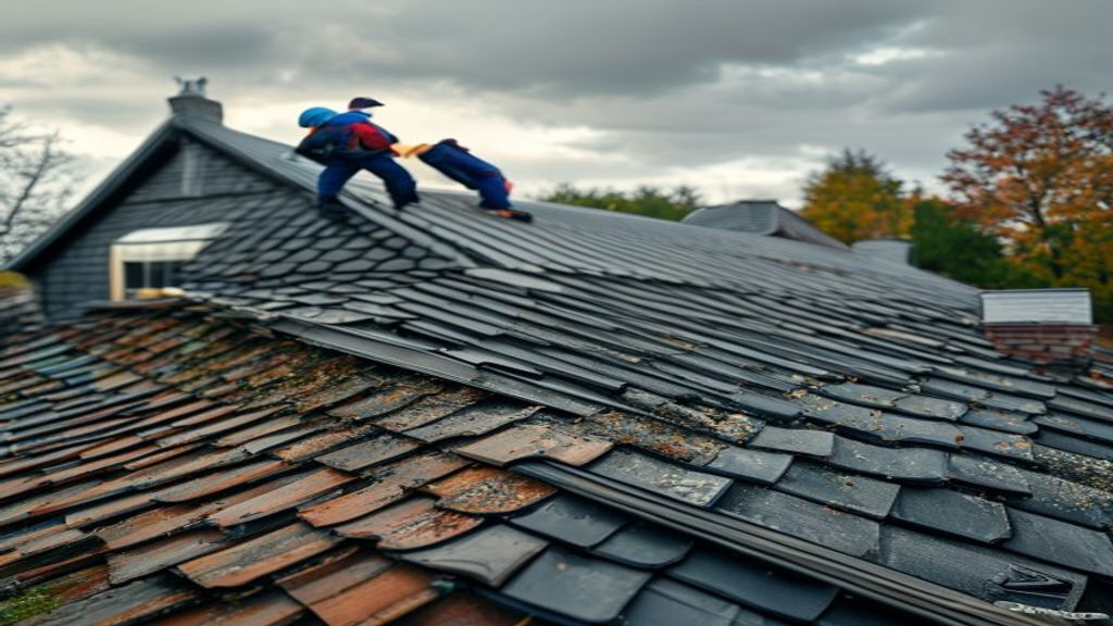 Roofing contractor inspecting storm damage on a residential roof in the UK